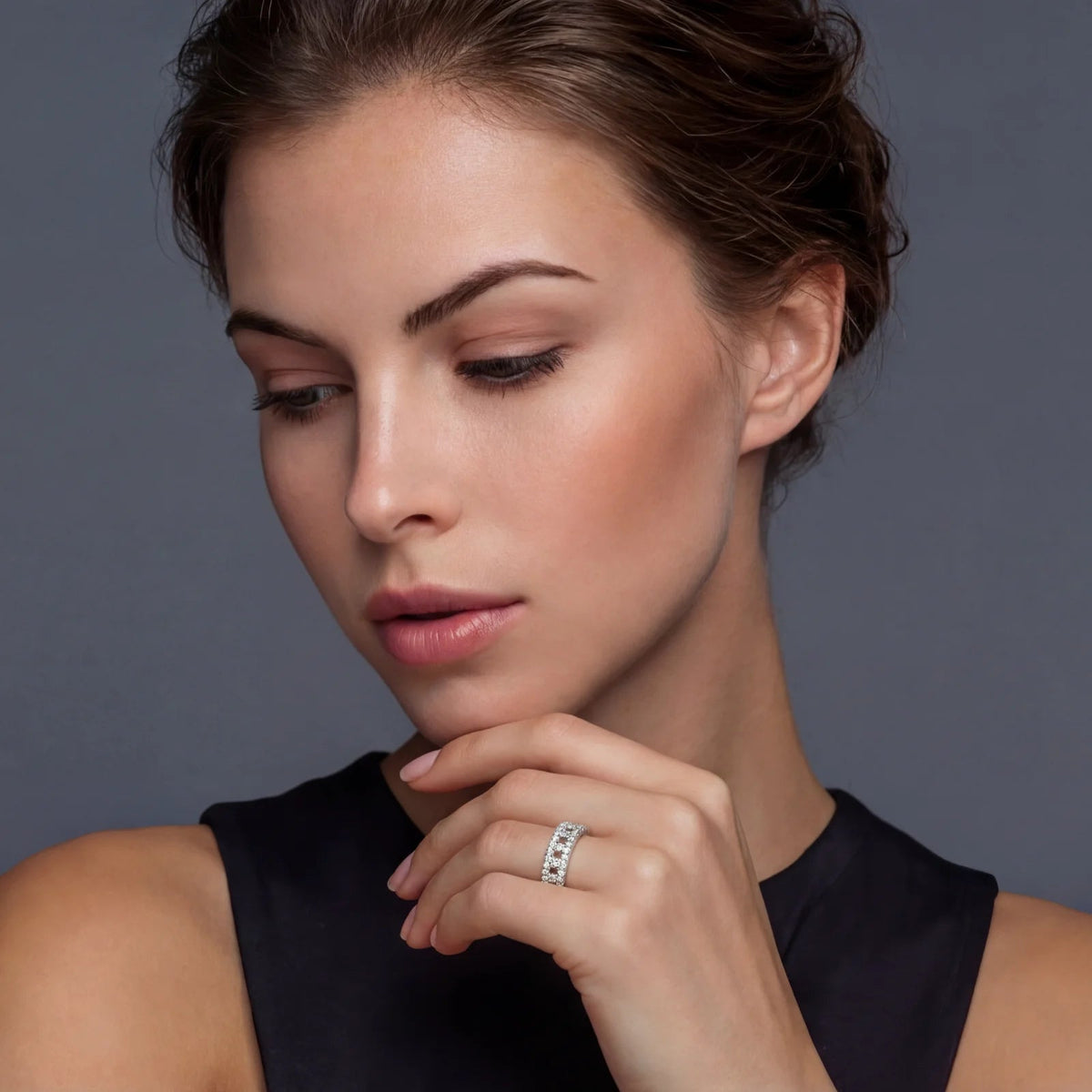 The Stellar Moissanite Ring in sterling silver with three rows of moissanite, alternate product view.